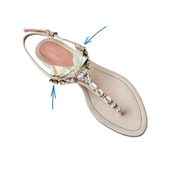 Vintage Miu Miu Sandals Sz.10 Pink Blush Crystal Embellished Bow Flats Designer - Picture 7 of 11